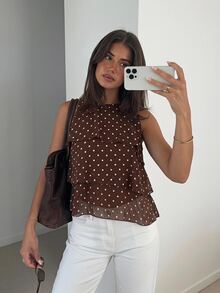 Siren Gaze Fall Women Polka Dot Trim Elegant Dark Brown Loose Neck Ruffle Asymmetrical Chiffon Blouse Ruffle Top For Summer Banquet, Wedding Guest, Quiet Luxury - Multicolor - View 11