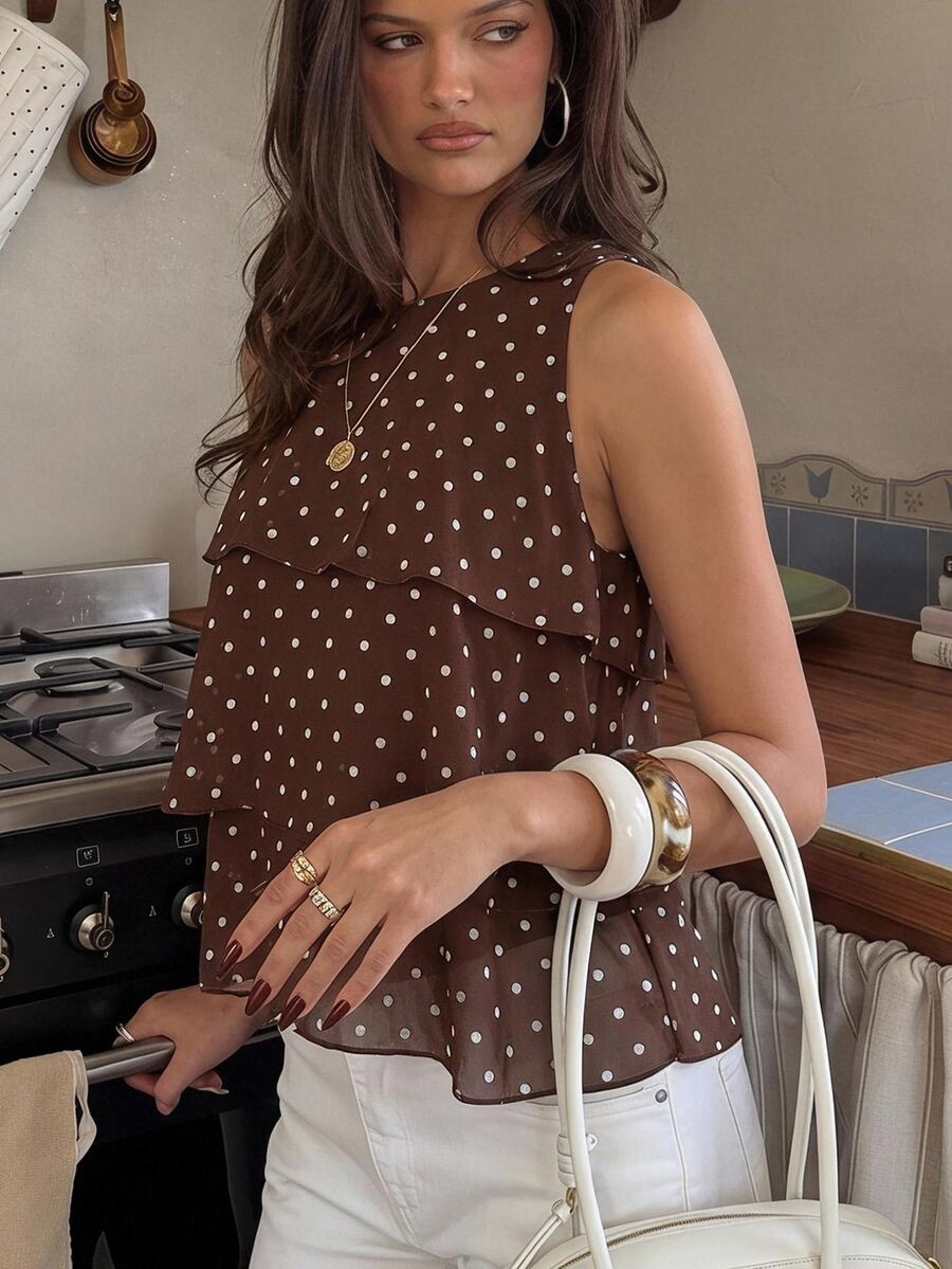 Siren Gaze Fall Women Polka Dot Trim Elegant Dark Brown Loose Neck Ruffle Asymmetrical Chiffon Blouse Ruffle Top For Summer Banquet, Wedding Guest, Quiet Luxury - Multicolor - View 1