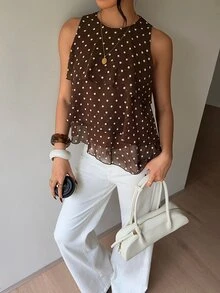 Siren Gaze Fall Women Polka Dot Trim Elegant Dark Brown Loose Neck Ruffle Asymmetrical Chiffon Blouse Ruffle Top For Summer Banquet, Wedding Guest, Quiet Luxury - Multicolor - View 5