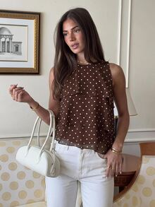 Siren Gaze Fall Women Polka Dot Trim Elegant Dark Brown Loose Neck Ruffle Asymmetrical Chiffon Blouse Ruffle Top For Summer Banquet, Wedding Guest, Quiet Luxury - Multicolor - View 4