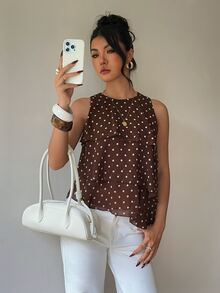 Siren Gaze Fall Women Polka Dot Trim Elegant Dark Brown Loose Neck Ruffle Asymmetrical Chiffon Blouse Ruffle Top For Summer Banquet, Wedding Guest, Quiet Luxury - Multicolor - View 8