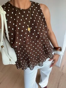 Siren Gaze Fall Women Polka Dot Trim Elegant Dark Brown Loose Neck Ruffle Asymmetrical Chiffon Blouse Ruffle Top For Summer Banquet, Wedding Guest, Quiet Luxury - Multicolor - View 10
