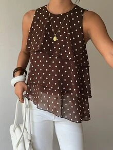 Siren Gaze Fall Women Polka Dot Trim Elegant Dark Brown Loose Neck Ruffle Asymmetrical Chiffon Blouse Ruffle Top For Summer Banquet, Wedding Guest, Quiet Luxury - Multicolor - View 7