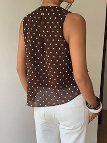 Siren Gaze Fall Women Polka Dot Trim Elegant Dark Brown Loose Neck Ruffle Asymmetrical Chiffon Blouse Ruffle Top For Summer Banquet, Wedding Guest, Quiet Luxury - Multicolor - View 6
