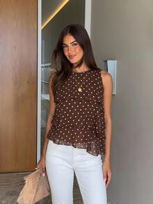 Siren Gaze Fall Women Polka Dot Trim Elegant Dark Brown Loose Neck Ruffle Asymmetrical Chiffon Blouse Ruffle Top For Summer Banquet, Wedding Guest, Quiet Luxury - Multicolor - View 3
