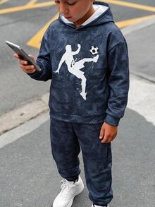 兒童青少年男孩休閒舒適足球印花紮染布料連帽衛衣套頭長袖與紮染運動長褲套裝 寬鬆長袖連帽衛衣極簡運動衫 2件套 適合秋冬 - 灰色 - 查看 5