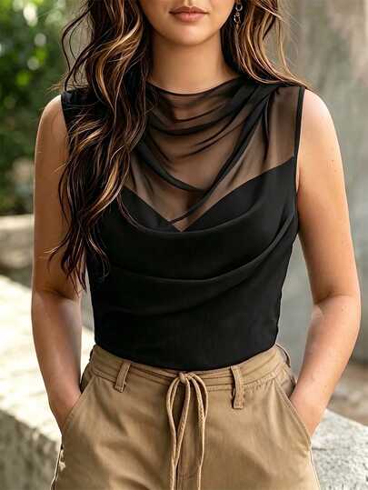 Velvienne Plus Size Women's Cowl Neck Fitted Slimming Elegant Versatile Contrast Lace Sexy Hot Girl Tank Top