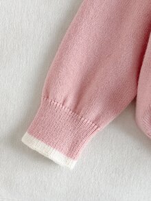 Girls Cute Grey Cardigan Knit Sweater With Lace Trim Round Neck Patchwork Long Sleeve Bow Button Front - Baby Pink - View 5
