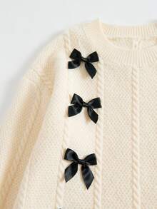 1pc Tween Girl Sweet Fashionable Pullover Sweater, Colorful 3D Floral Embroidery Decor, Round Neck Loose Long Sleeve, Soft Comfortable Versatile, Durable Wear-Resistant Odorless Formaldehyde-Free Cream White, Suitable For Daily Outings, Spring/Autumn Essential Outfit - White - View 4