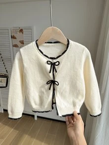 SHEIN 女童秋冬加厚時尚蝴蝶結可愛簡約針織長袖開襟毛衣 - 杏色 - 查看 3