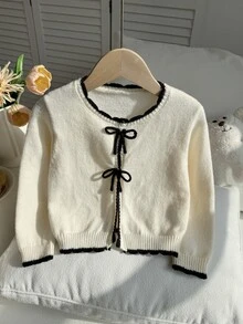 SHEIN 女童秋冬加厚時尚蝴蝶結可愛簡約針織長袖開襟毛衣 - 杏色 - 查看 4