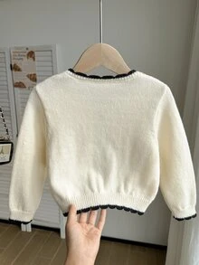SHEIN 女童秋冬加厚時尚蝴蝶結可愛簡約針織長袖開襟毛衣 - 杏色 - 查看 2