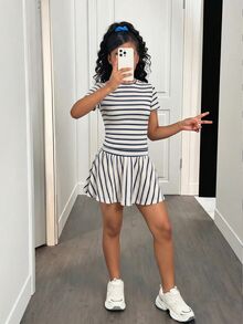 SHEIN Tween Girl Summer Cute Casual Gray Skirt Set: Short Sleeve Crop Top And Pleated Mini Skirt,Summer - Multicolor - View 7