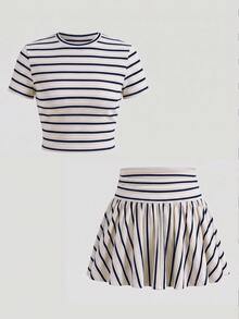 SHEIN Tween Girl Summer Cute Casual Gray Skirt Set: Short Sleeve Crop Top And Pleated Mini Skirt,Summer - Multicolor - View 2