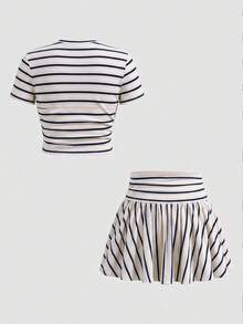 SHEIN Tween Girl Summer Cute Casual Gray Skirt Set: Short Sleeve Crop Top And Pleated Mini Skirt,Summer - Multicolor - View 6