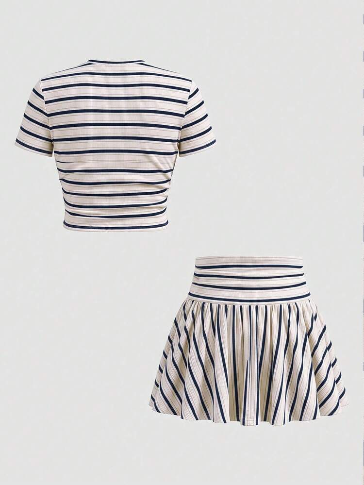 SHEIN Tween Girl Summer Cute Casual Gray Skirt Set: Short Sleeve Crop Top And Pleated Mini Skirt,Summer - Multicolor - View 6