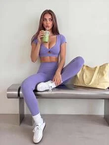 SHEIN Sports Setelan Olahraga Wanita: Tank Top Pendek dengan Simpul Depan dan Legging Ketat Pinggang Tinggi - Mauve Purple - View 4