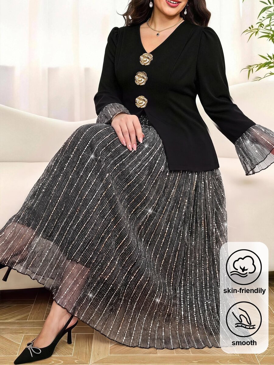 SHEIN Clasi 大尺碼女款兩件套，四季穿著，優雅花卉網紗拼接夾克與裙子套裝
