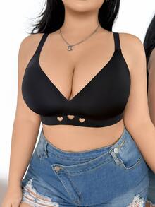 SHEIN 1pc Women's Heart Hollow Mesh & Jelly Glue Splicing Anti-Sagging Seamless Comfortable Plus Size Bra - Black - View 4