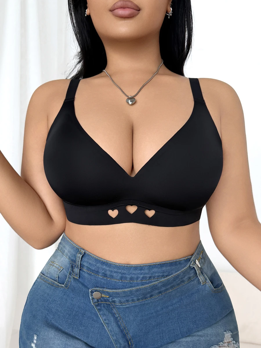 SHEIN 1pc Women's Heart Hollow Mesh & Jelly Glue Splicing Anti-Sagging Seamless Comfortable Plus Size Bra - Black - View 1