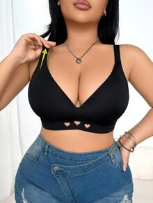 SHEIN 1pc Women's Heart Hollow Mesh & Jelly Glue Splicing Anti-Sagging Seamless Comfortable Plus Size Bra - Black - View 5
