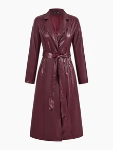 Aloruh New Warm Stand Collar Extra Long PU Jacket, Autumn/Winter Night Out Night Evening Burgundy Elegant - Burgundy - View 6