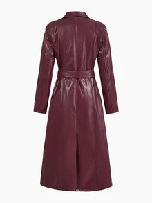 Aloruh New Warm Stand Collar Extra Long PU Jacket, Autumn/Winter Night Out Night Evening Burgundy Elegant - Burgundy - View 2