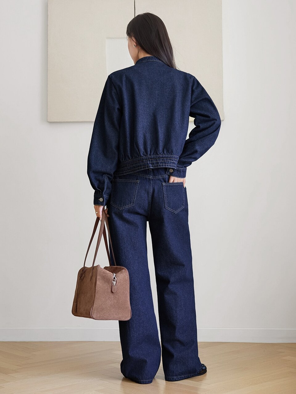 Round Neck Button Pocket Decor Long Sleeve Dark Blue Cropped Denim Jacket With Wide Leg Pants Set Fall