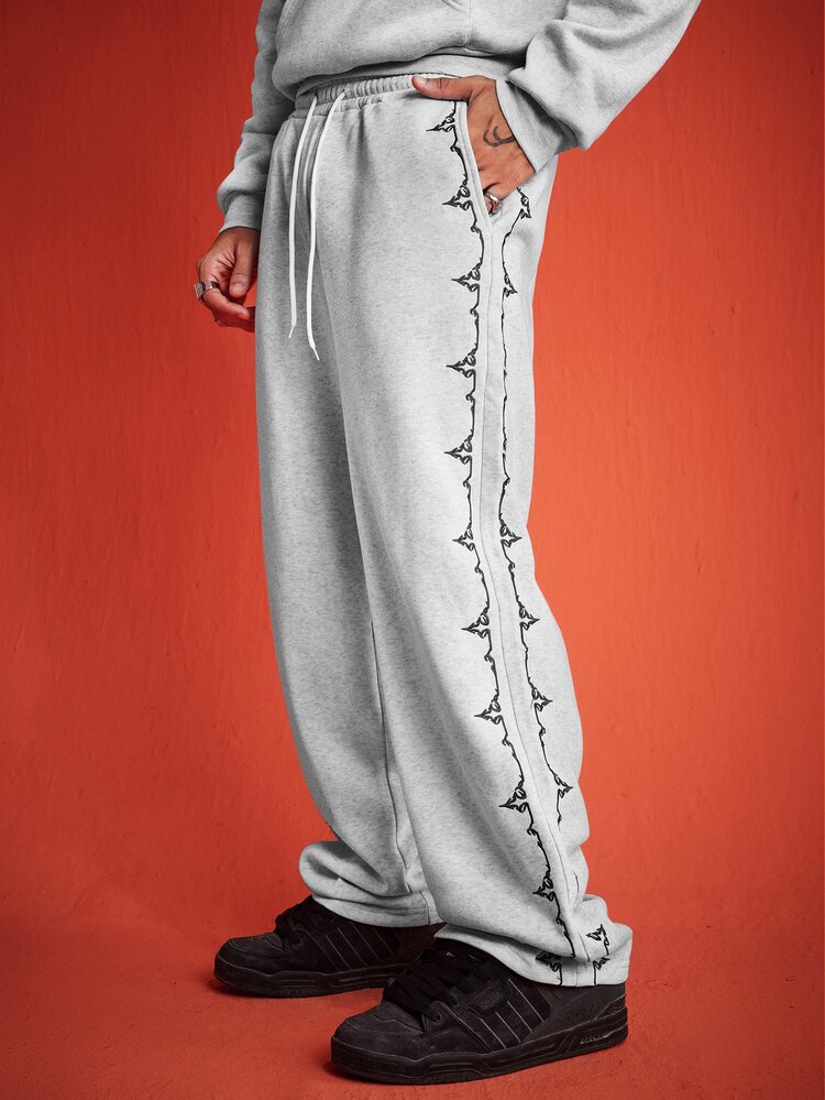 ROMWE MEN Men's Embroidered Hoodie & Sweatpants Set - Grey - View 7