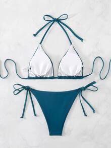Swim Basics 2件套女士扭结前开襟露脐吊带比基尼套装 - 水鴨藍 - 查看 9