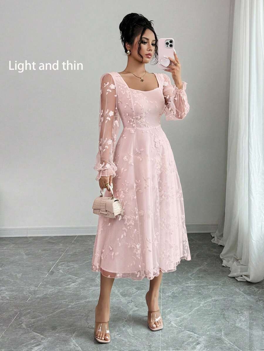 Rafferiza 优雅蕾丝提花连衣裙 - 粉色 - 查看 1