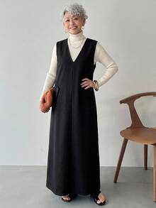 FRIFUL Gaun Wanita Korea Musim Gugur Berlapis Warna Polos untuk Wanita Paruh Baya - Hitam - View 4