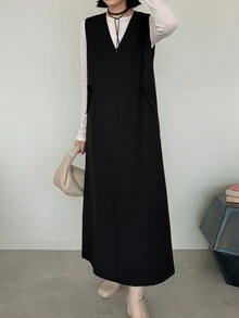 FRIFUL Gaun Wanita Korea Musim Gugur Berlapis Warna Polos untuk Wanita Paruh Baya - Hitam - View 10