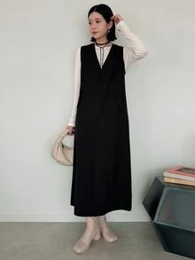 FRIFUL Gaun Wanita Korea Musim Gugur Berlapis Warna Polos untuk Wanita Paruh Baya - Hitam - View 14