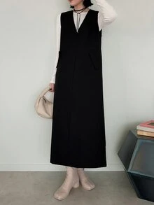 FRIFUL Gaun Wanita Korea Musim Gugur Berlapis Warna Polos untuk Wanita Paruh Baya - Hitam - View 11