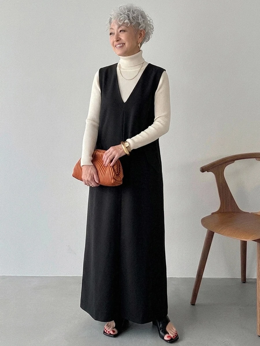 FRIFUL Gaun Wanita Korea Musim Gugur Berlapis Warna Polos untuk Wanita Paruh Baya - Hitam - View 1