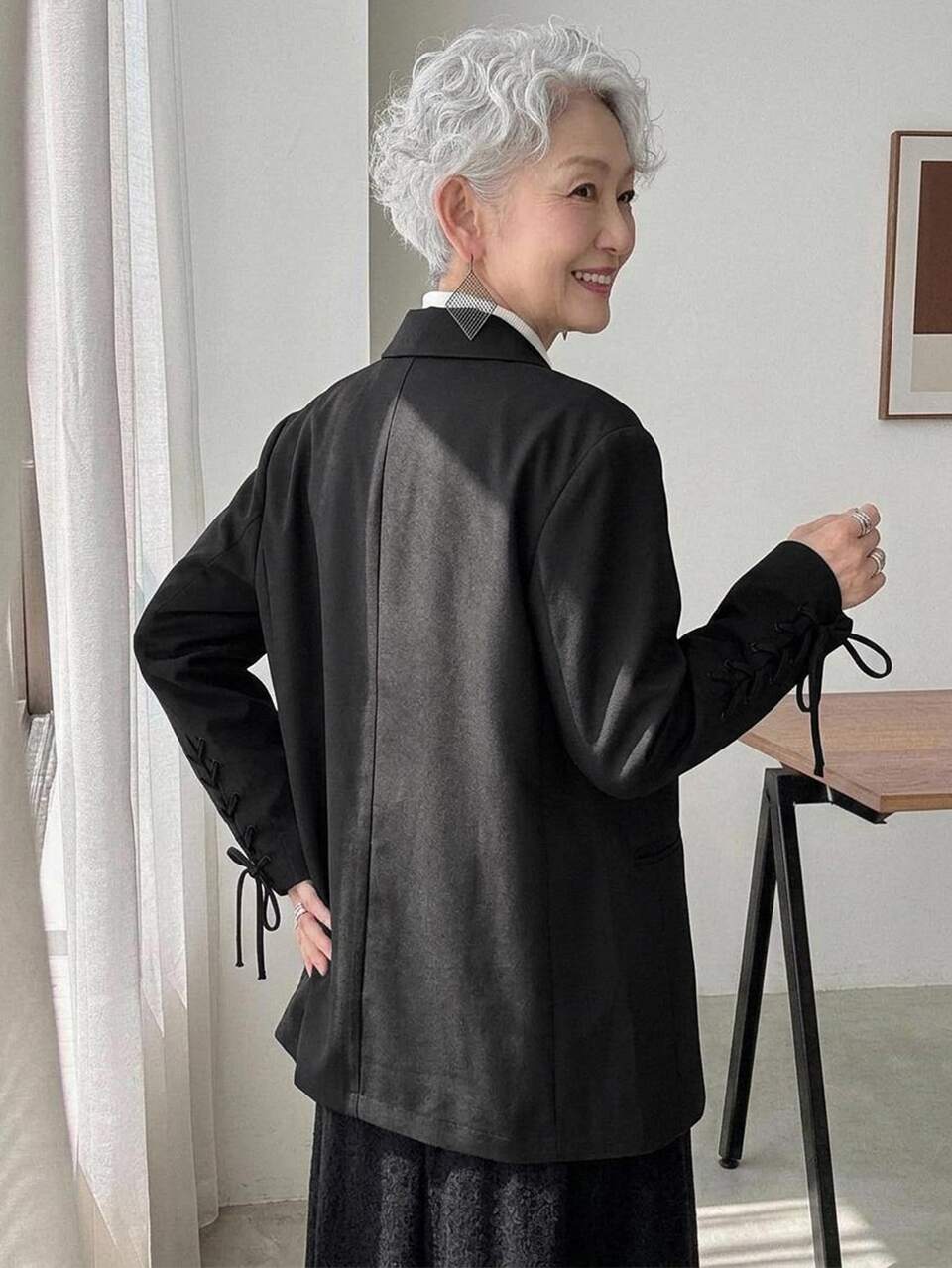 Women's Korean Style Solid Color Tie-Cuff Blazer Jacket, Autumn Outerwear For Middle-Aged Women