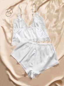 Charlaine Women's Solid Color Spaghetti Strap Lace Patchwork Bow Decor Sleeveless Pajama Set, Summer - White - View 9