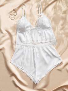 Charlaine Women's Solid Color Spaghetti Strap Lace Patchwork Bow Decor Sleeveless Pajama Set, Summer - White - View 12