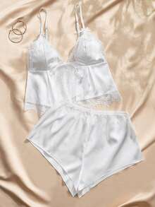 Charlaine Women's Solid Color Spaghetti Strap Lace Patchwork Bow Decor Sleeveless Pajama Set, Summer - White - View 8