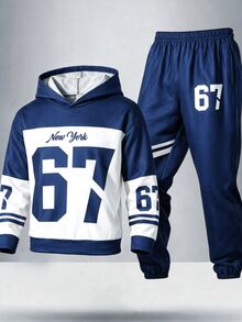 SHEIN 兒童青少年男孩休閒運動數位67圖案套頭連帽衛衣，寬鬆長袖極簡風運動衫與運動長褲兩件套，適合通勤、上學、日常休閒、度假、旅行、運動，秋冬穿著 - 藍色 - 查看 4