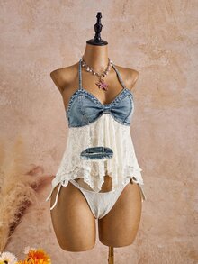 Soleia Top Cropped Denim com Amarração na Frente e Detalhe em Renda Nas Costas, Estilo de Rua e Férias de Verão para Mulheres - Azul - Visão 6