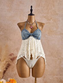 Soleia Top Cropped Denim com Amarração na Frente e Detalhe em Renda Nas Costas, Estilo de Rua e Férias de Verão para Mulheres - Azul - Visão 4