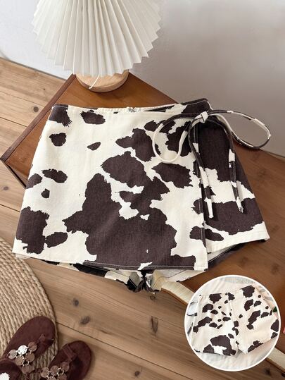 Comfortcana Damen Kuh-Muster Wickel-Binde Lässig Sommer Frühling Strand Ausgehen Lässig Urlaub Leopard Muster Chic Skort mit Seitenbindung und A-Linien Design