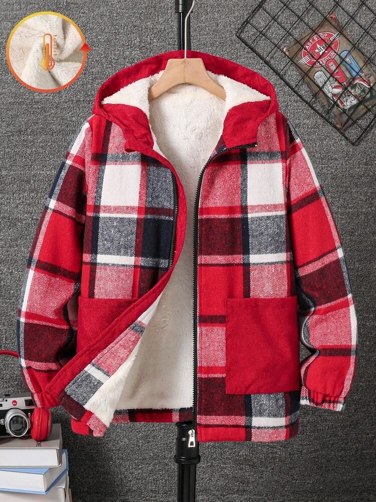 Chaqueta casual de pana con capucha, patchwork de felpa a rayas rojas para niños, adecuada para uso diario, escuela, invierno y graduación - Rojo - Añade 1