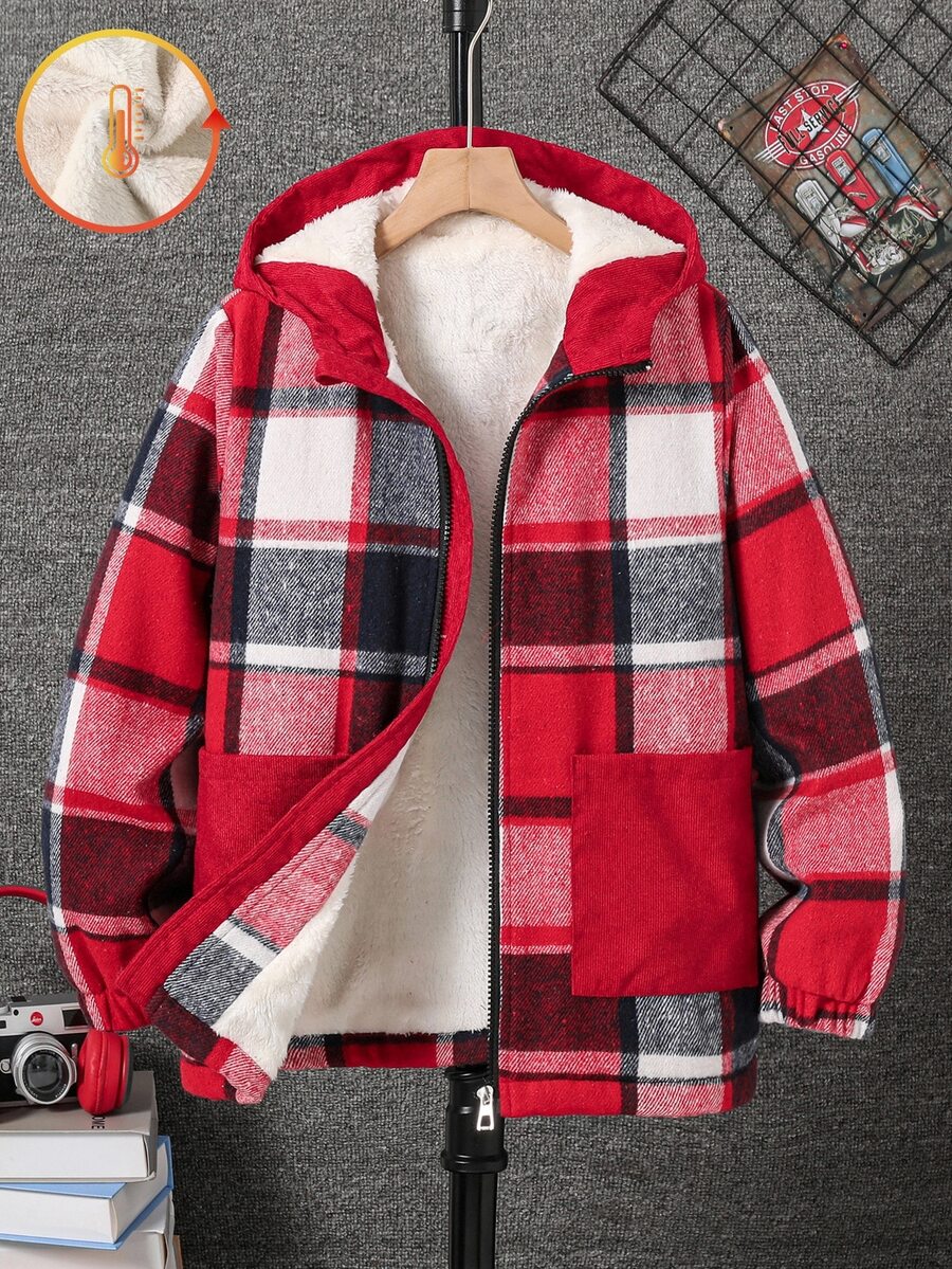 Boys' Red Striped Plush Patchwork Hooded Corduroy Casual Jacket, Suitable For Daily Wear School Winter Graduation - Red - View 1