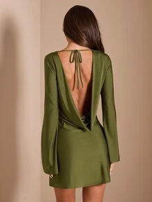 SHEIN BAE Spring/Autumn / Green / Satin Round Neck Backless Tie-Up Bell Sleeve Short Dress / Gentle Elegant Suitable For Romantic Dates, Parties, Weddings, Daily Wear - Green - View 3