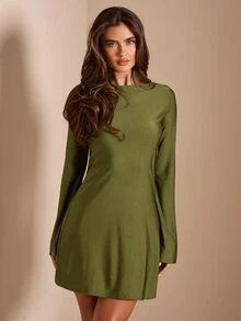 SHEIN BAE Spring/Autumn / Green / Satin Round Neck Backless Tie-Up Bell Sleeve Short Dress / Gentle Elegant Suitable For Romantic Dates, Parties, Weddings, Daily Wear - Green - View 1