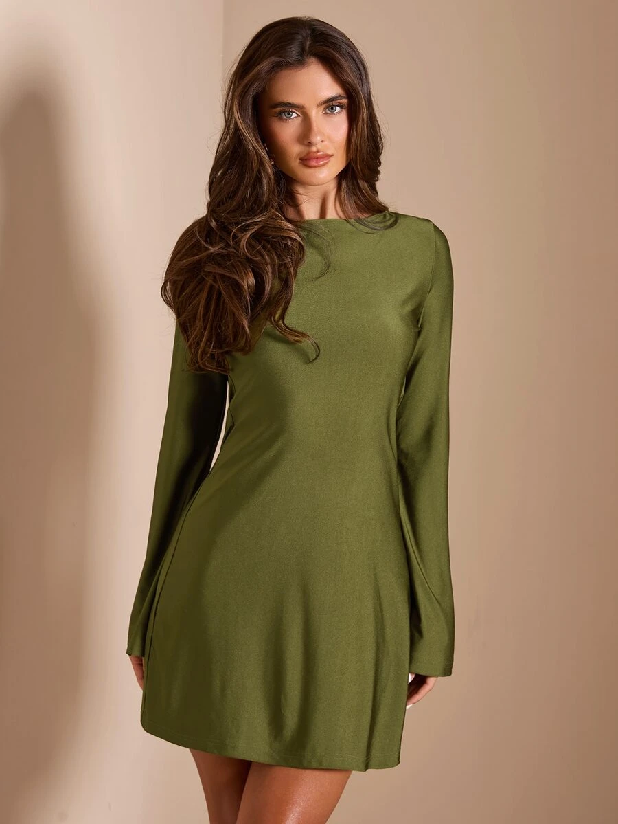 SHEIN BAE Spring/Autumn / Green / Satin Round Neck Backless Tie-Up Bell Sleeve Short Dress / Gentle Elegant Suitable For Romantic Dates, Parties, Weddings, Daily Wear - Green - View 1