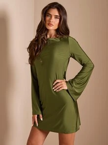SHEIN BAE Spring/Autumn / Green / Satin Round Neck Backless Tie-Up Bell Sleeve Short Dress / Gentle Elegant Suitable For Romantic Dates, Parties, Weddings, Daily Wear - Green - View 6
